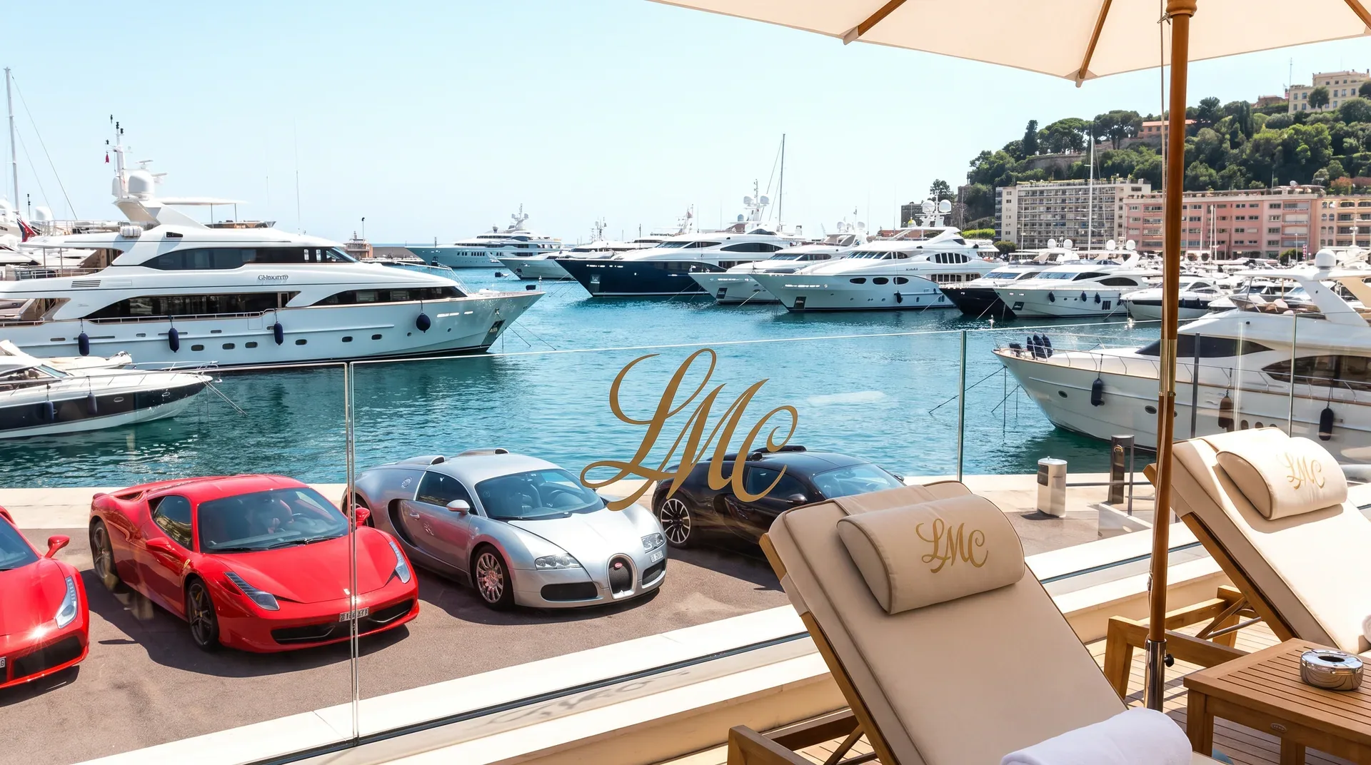 Yachten und Sportwagen im Hafen, Markenwelt des Clubs